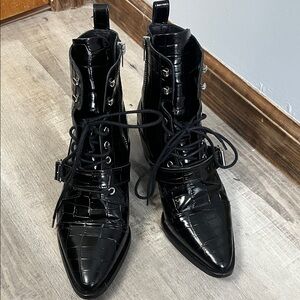 All Saints Black Croc-Embossed Patent Leather Lace-Up Ankle Boots
